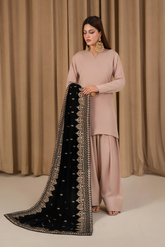 Sandstone Korean Silk 3PC with Embroidered Velvet Shawl