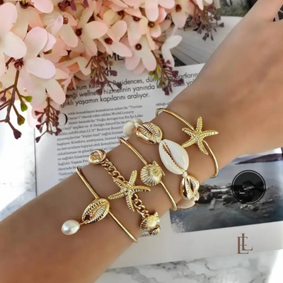 5pcs Summer Splash Gold Color Beach Bracelet Set