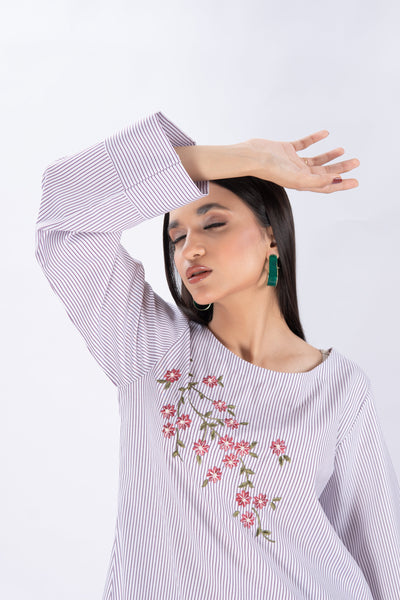 Botanical Striped Embroidered Shirt - Purple