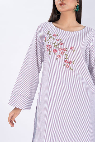 Botanical Striped Embroidered Shirt - Purple