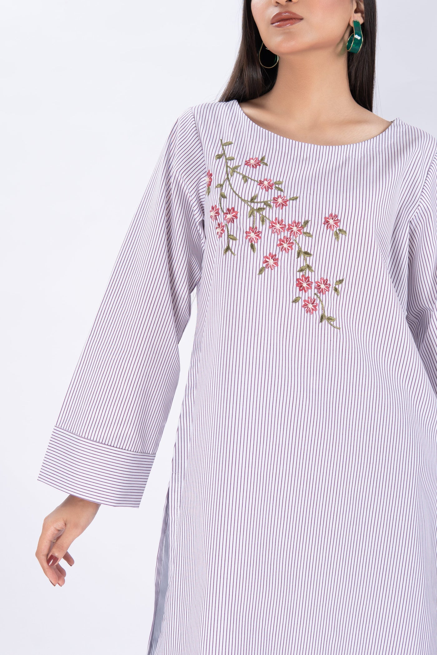 Botanical Striped Embroidered Shirt - Purple