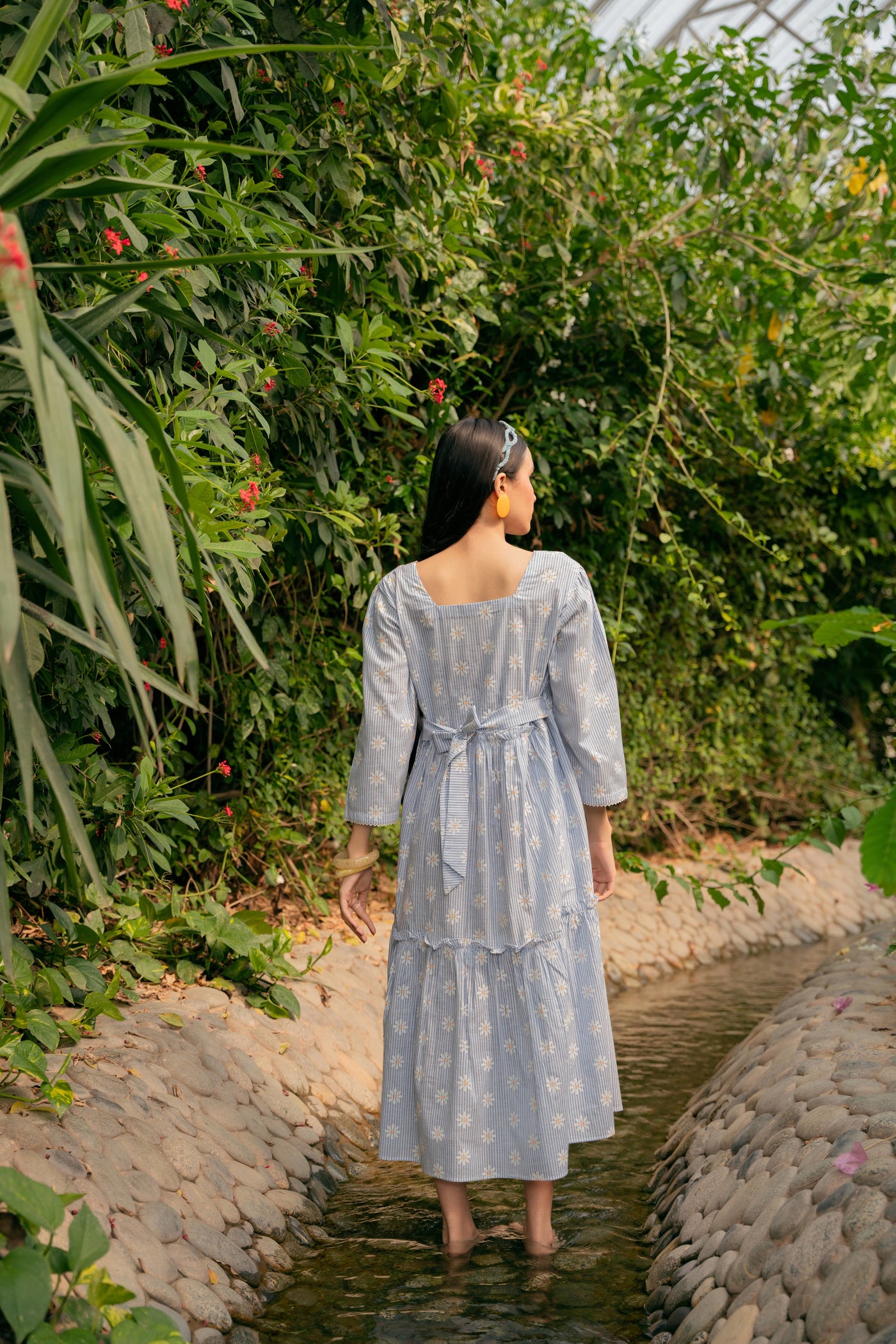 Daisy Striped Bohemian Dress - Powder Blue