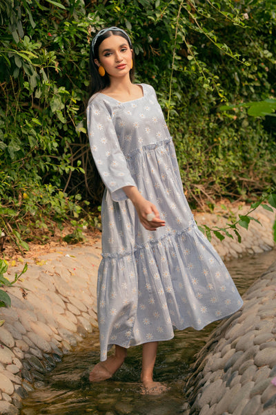 Daisy Striped Bohemian Dress - Powder Blue