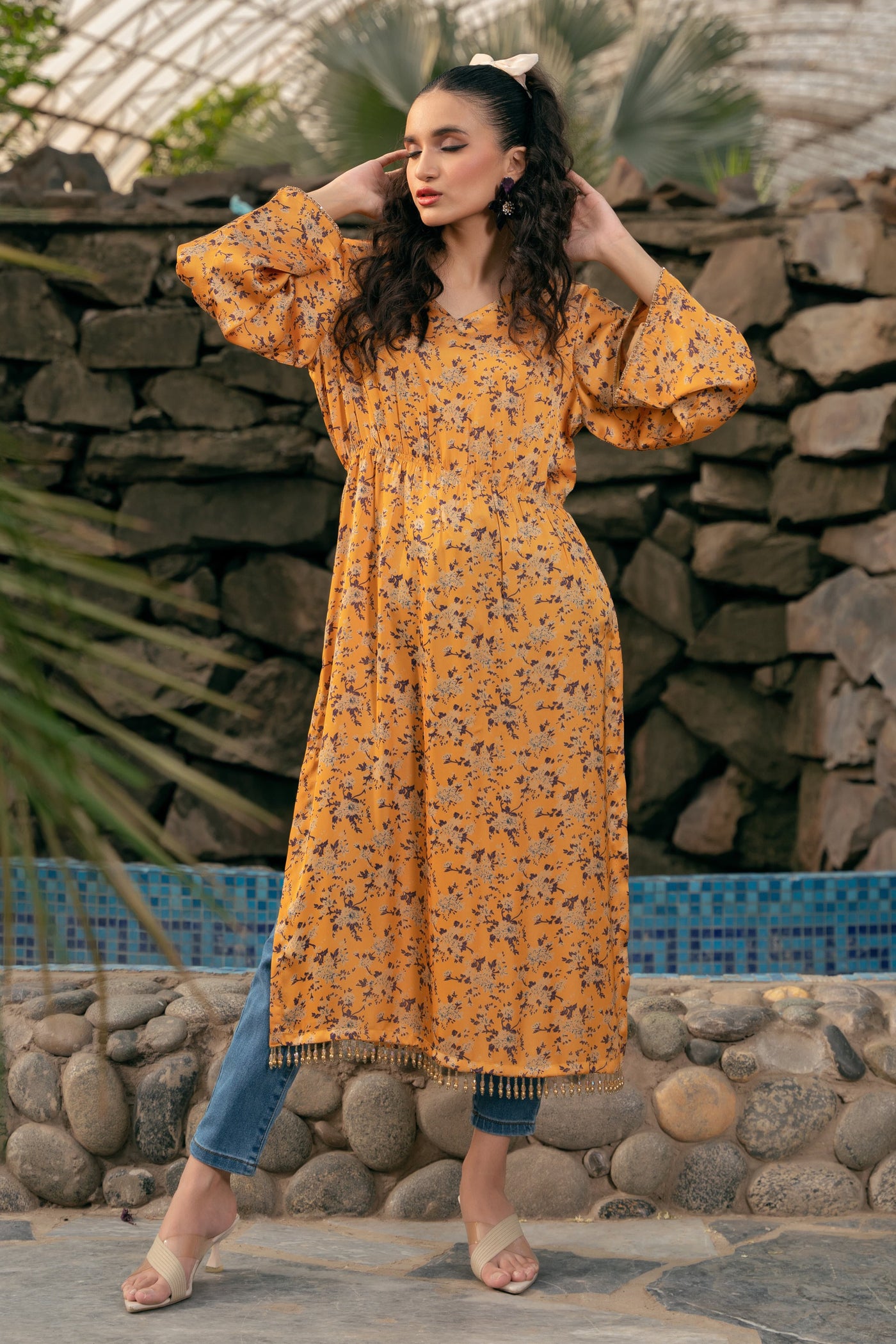 Silk Kaftan Dress - Mustard