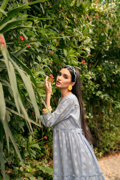 Daisy Striped Bohemian Dress - Powder Blue