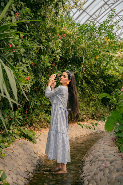 Daisy Striped Bohemian Dress - Powder Blue