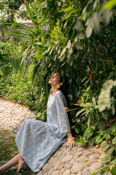 Daisy Striped Bohemian Dress - Powder Blue