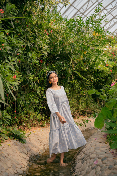 Daisy Striped Bohemian Dress - Powder Blue